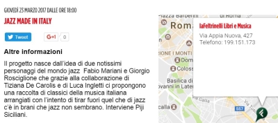 Domani sera alle 18 "Jazz Made in Italy" dal vivo alla Fetrinelli di via Appia in Roma