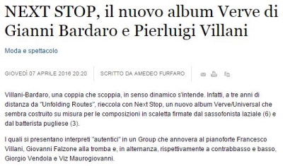 Recensione di 'Next Stop', l'album di Gianni Bardaro & Pierluigi Villani su "Il corriere del sud"