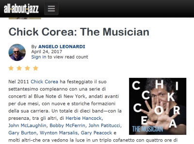 Angelo Leonardi recensisce "The Musician", il nuovo triplo album di Chick Corea su All About Jazz. Massimo dei voti: leggi l'articolo!