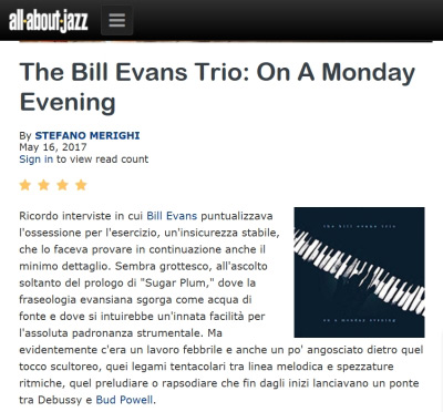 Quattro stelle su All About Jazz per "On a Monday Evening", lo straordinario inedito di Bill Evans