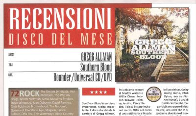 'SOUTHERN BLOOD' di Gregg Allman è Disco del Mese su Buscadero
