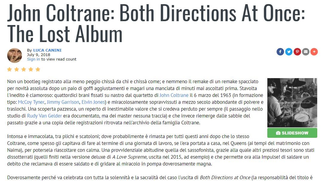 "Il gigante è tornato, lunga vita al gigante." All About Jazz recensisce 'Both Directions at Once', l'album perduto e ora ritrovato di John Coltrane