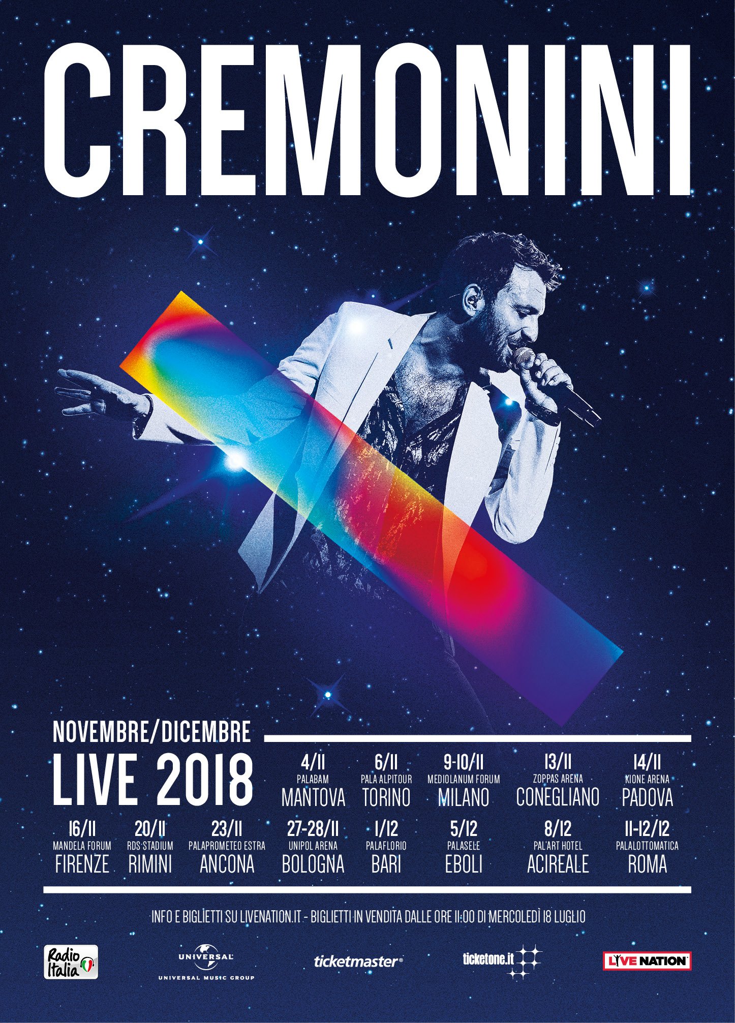 CESARE CREMONINI: DOPO IL SUCCESSO DEI QUATTRO CONCERTI NEGLI STADI, LO SPETTACOLO DELL’ESTATE 2018 CONTINUA A NOVEMBRE CON 16 DATE NEI PALASPORT