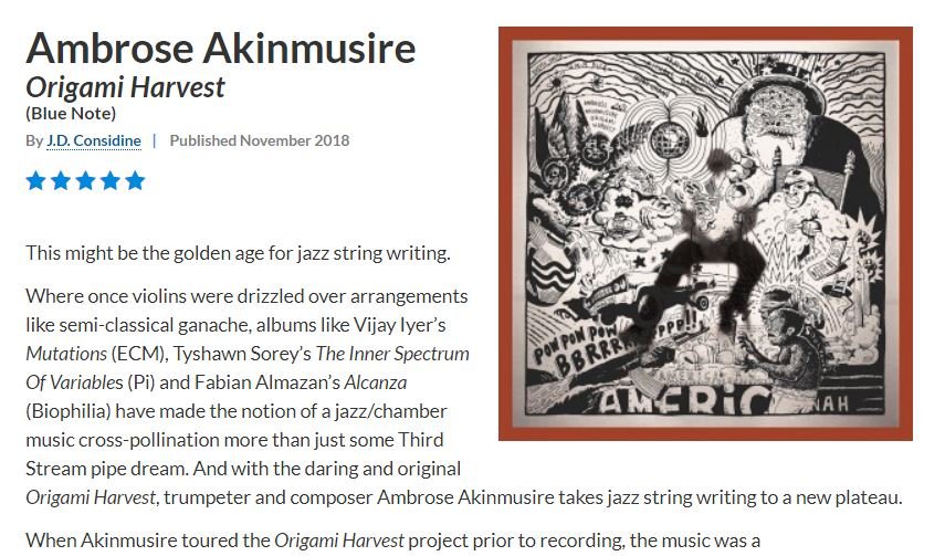 'DOWN BEAT' attribuisce il massimo dei voti a "Origami Harvest" di Ambrose Akinmusire