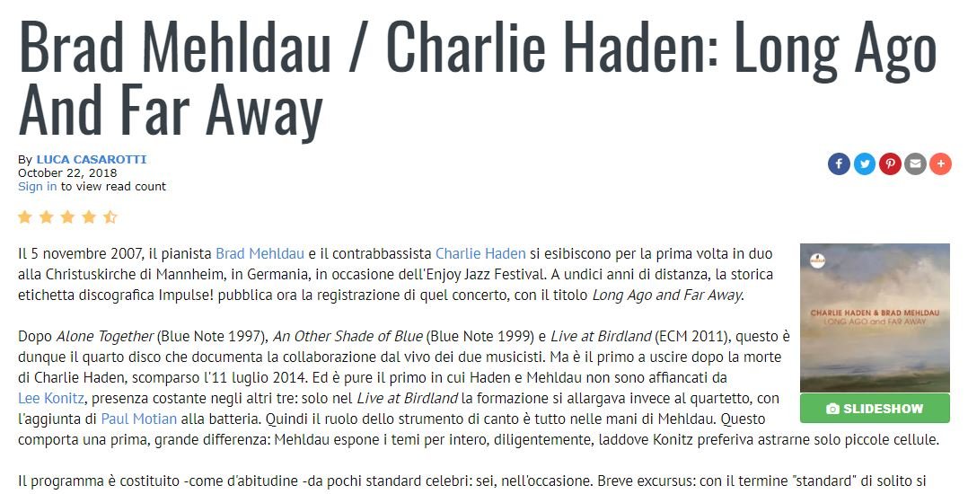 All About Jazz (edizione italiana) recensisce "Long Ago and Far Away", il capolavoro in duo di Charlie Haden e Brad Mehldau