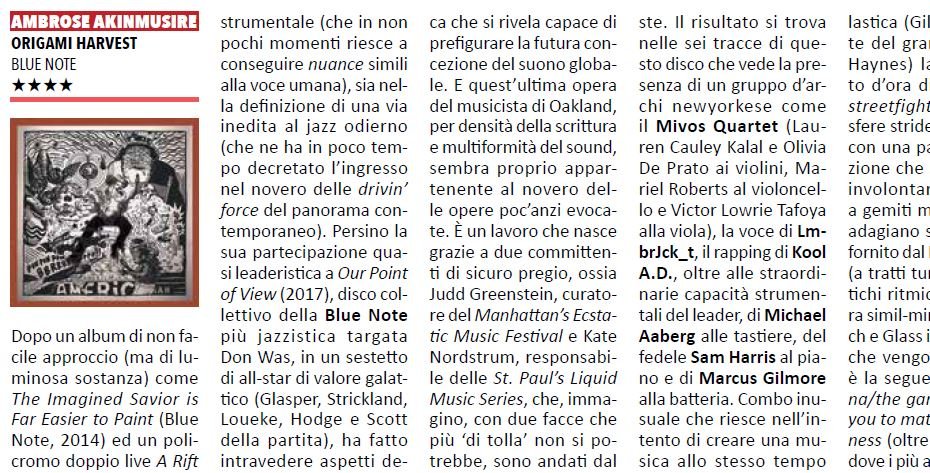 Recensione stellare (con il massimo dei voti) su Buscadero per "Origami Harvest" di Ambrose Akinmusire