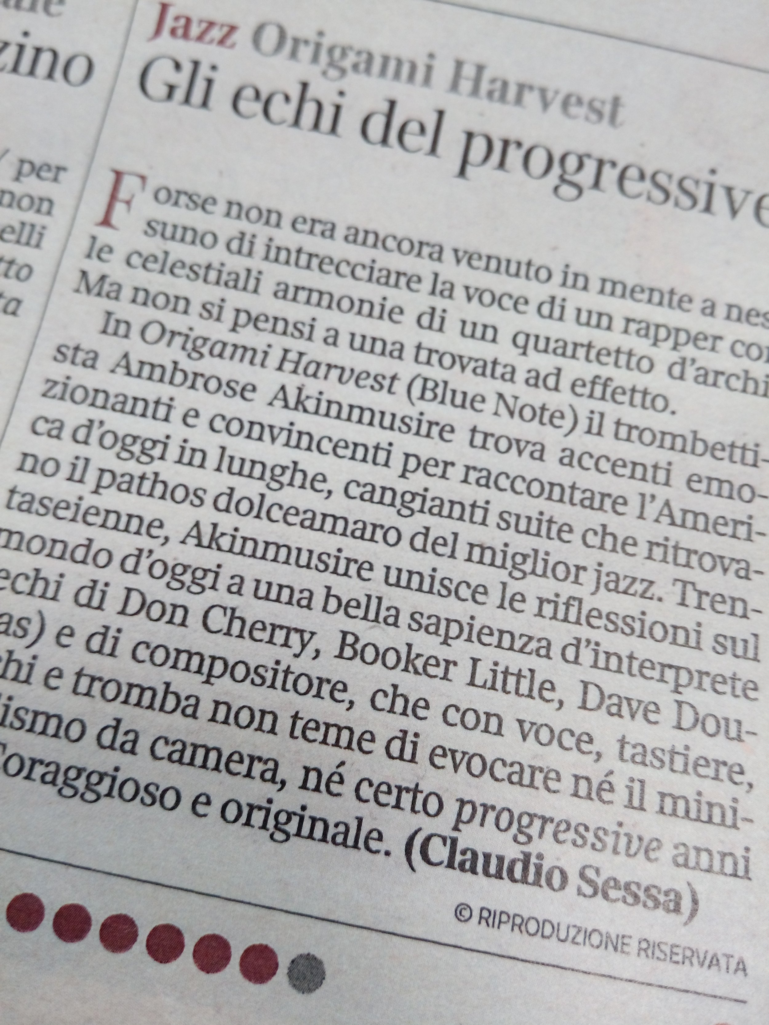 Recensione stellare (voto: 9) per "Origami Harvest" sul Corriere della Sera