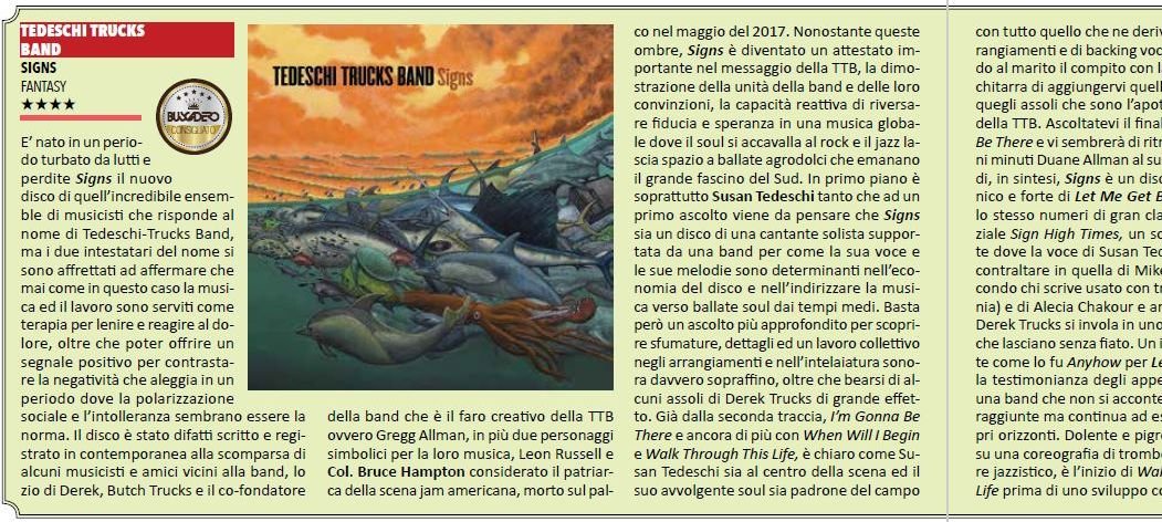 'Buscadero' attribuisce il massimo dei voti al nuovo album della Tedeschi Trucks Band "SIGNS", in uscita oggi per Fantasy Records