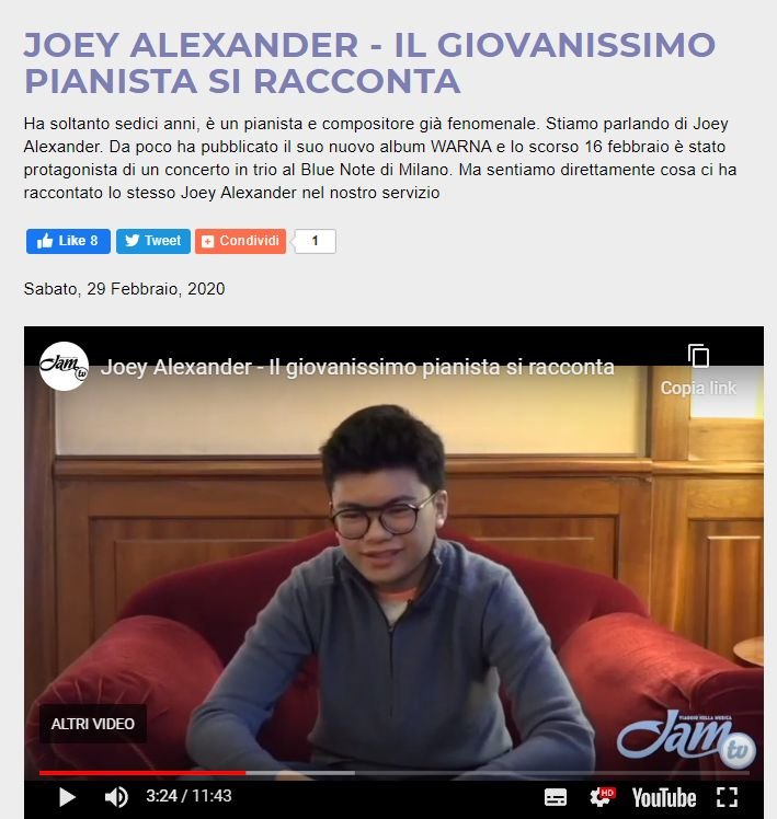 "Ho iniziato a suonare a orecchio..." Il giovane prodigio del pianoforte Joey Alexander si racconta in un'intervista su Jam TV