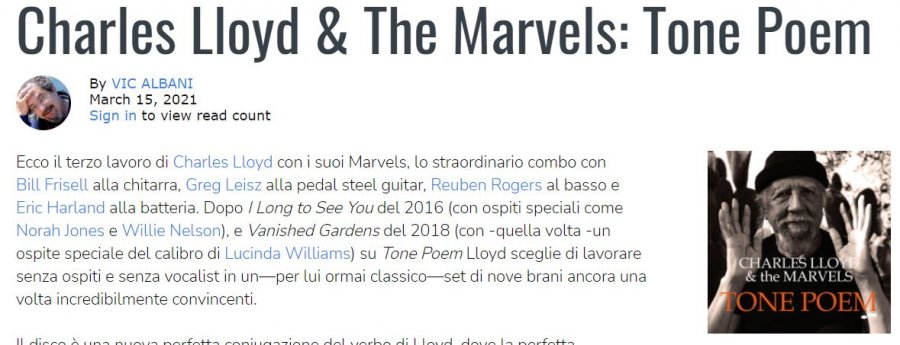 "Questa è grande, grande musica di un grande, grande musicista." All About Jazz il nuovo album di Charles Lloyd "Tone Poem": leggi l'articolo!