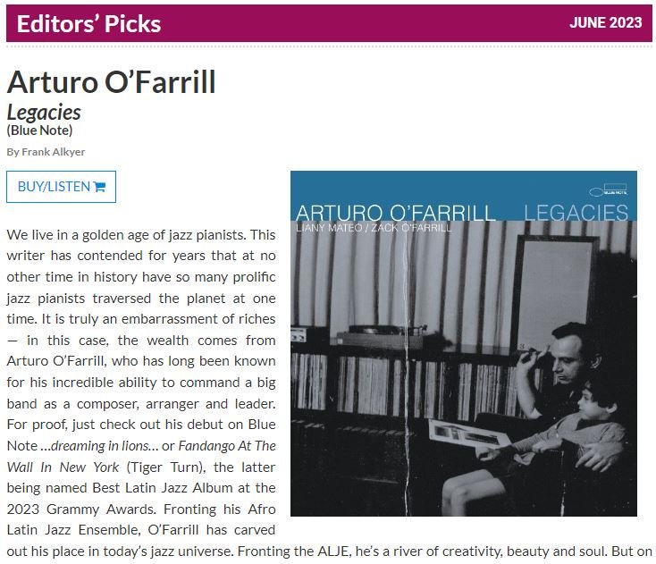 “Arturo O'Farrill is one of our greatest living pianists. Period.” L’autorevole e storica testata DownBeat non ha dubbi...
